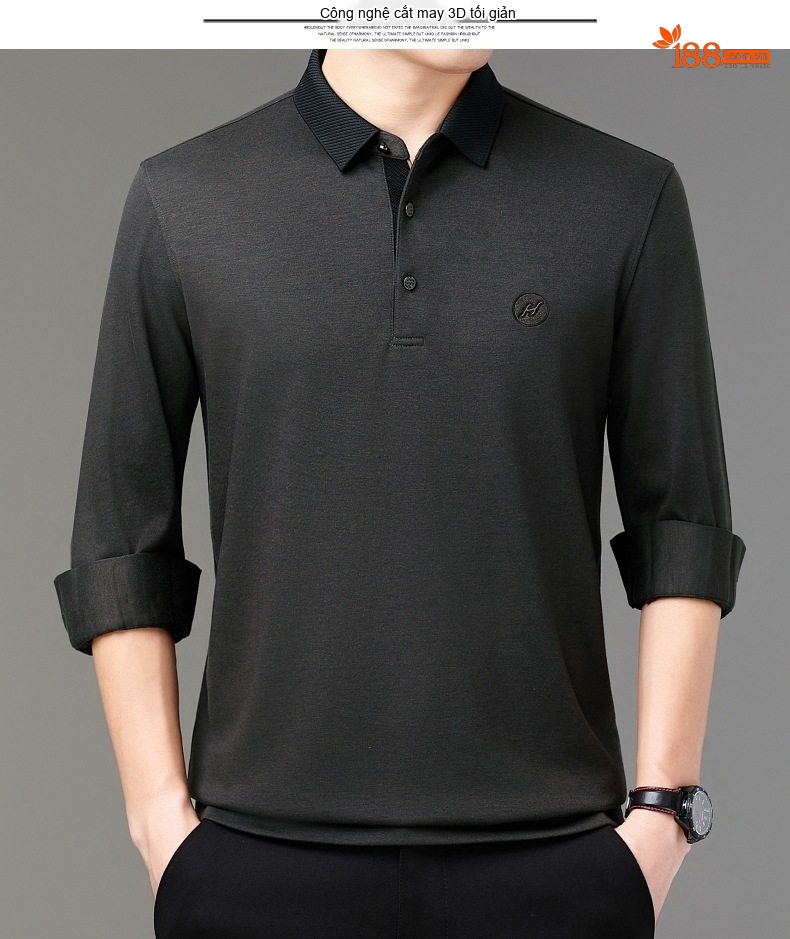 Áo Thun Polo Nam Tay Dài Cashmere Cổ Bẻ Phong Cách Doanh Nhân Màu Đen, Xám, Xanh Navy chi tiết 9