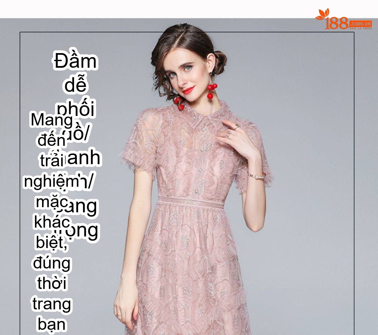Váy Ren Thêu Nặng Cổ Bẻ Đính Nút Kim Cương Eo Cao Dáng Xòe Nữ Tính chi tiết 4