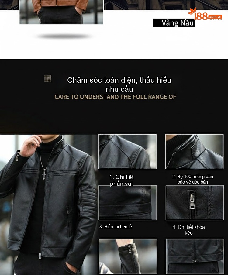 Áo Khoác Da PU Nam Dáng Ôm Phong Cách Hàn Quốc Màu Đen, Xám, Nâu, Vàng chi tiết 6