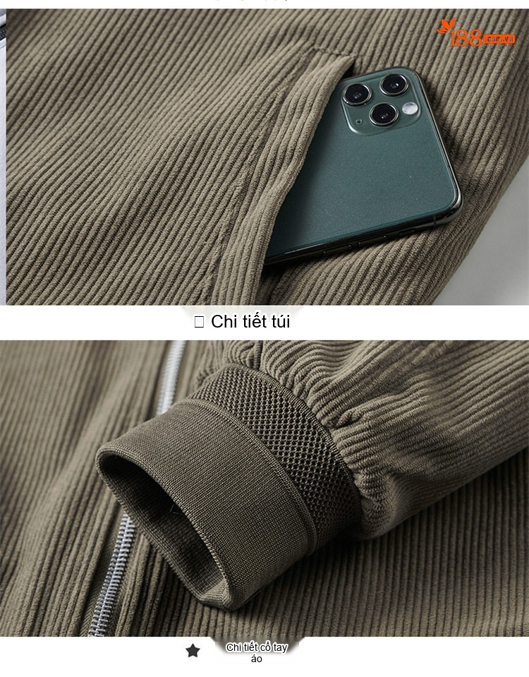 Áo Khoác Cotton Nam Lót Lông Cổ Lông Cừu Form Rộng Màu Nâu, Đen, Xám chi tiết 12