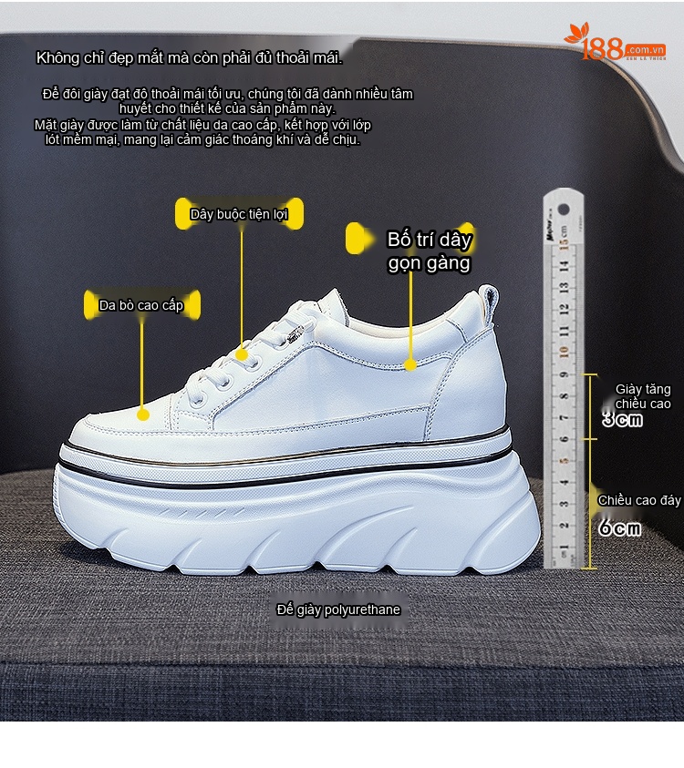 Giày Sneaker Nữ Da Bóng Đế Xuồng Chiều Cao Đế Khoảng 5cm Màu Trắng chi tiết 2