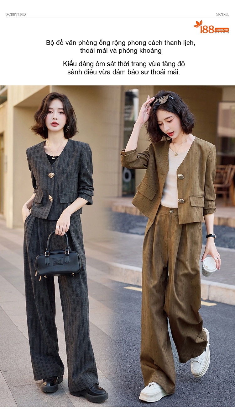 Set Bộ Tiểu Thư Áo Khoác Quần Ống Rộng Dáng Suông Kẻ Sọc Màu Xám, Nâu chi tiết 5