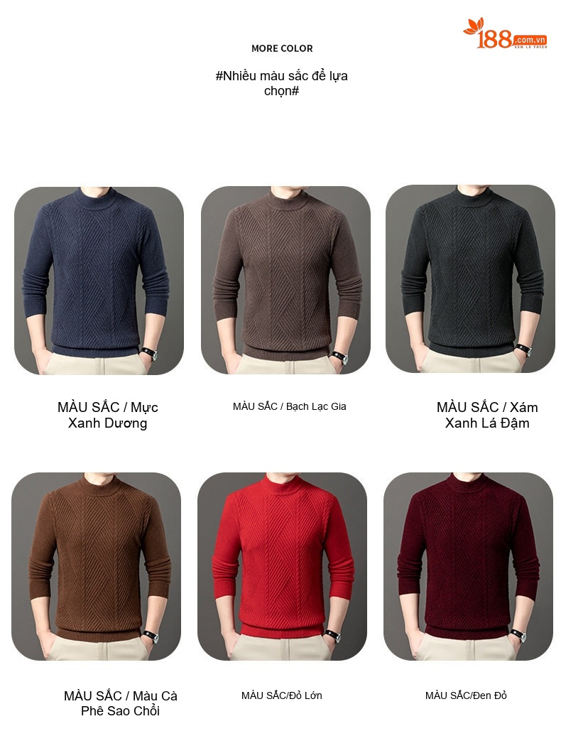 Áo Len Nam 100% Cashmere Dệt Kim Dày Dặn Giữ Ấm Cổ Cao Màu Nâu, Xám, Xanh Navy chi tiết 10