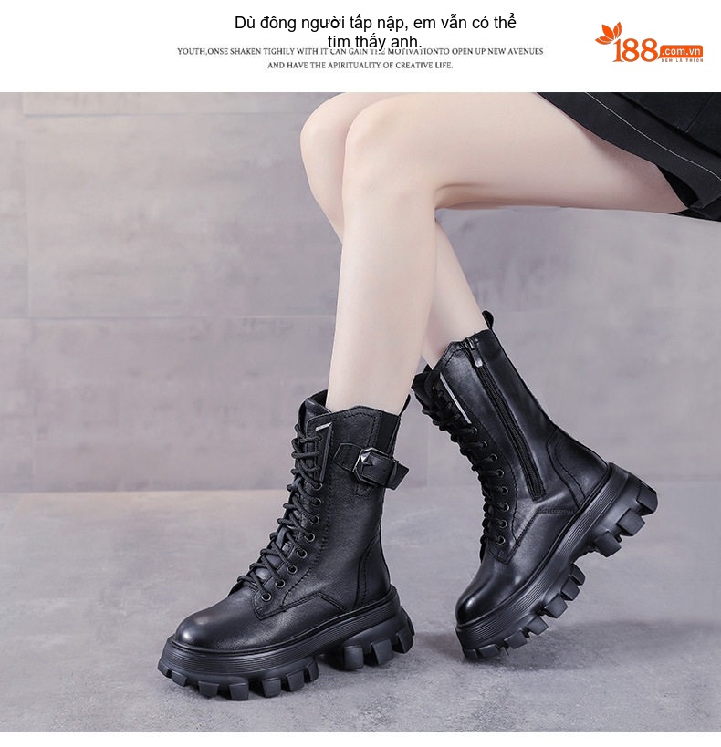 Boot Martin Nữ Da Bò Cổ Lửng Khóa Cài Phong Cách Anh Chiều Cao Đế Khoảng 5cm Màu Nâu, Đen chi tiết 13