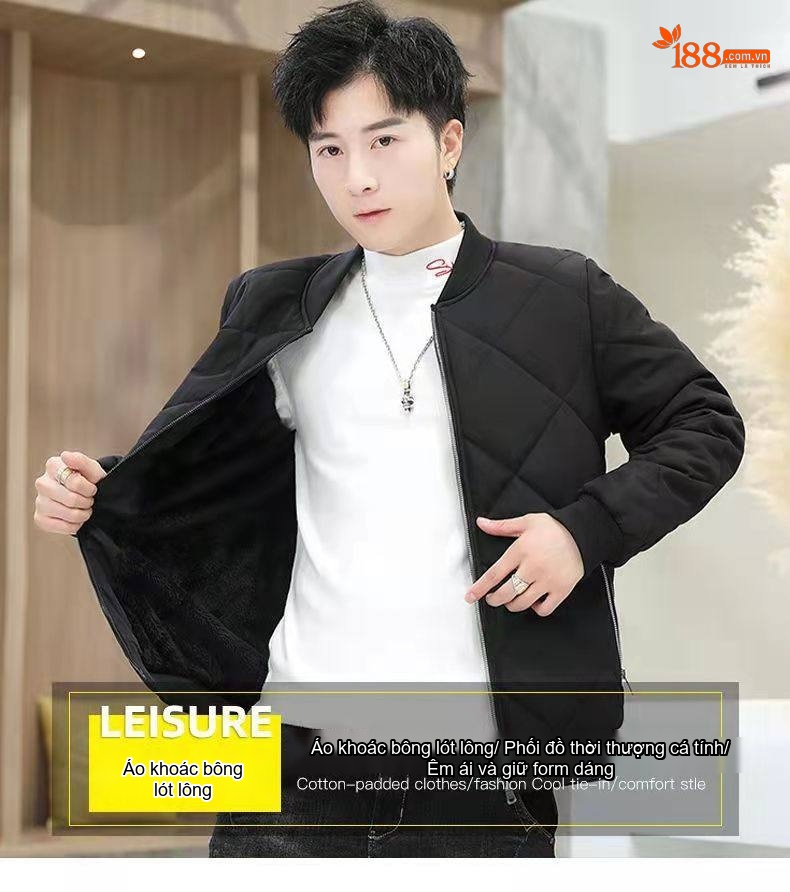 Áo Khoác Phao Nam Cotton Dày Dặn Lót Lông Cừu Giữ Ấm Kiểu Bomber Màu Đen, Xám, Kem chi tiết 14