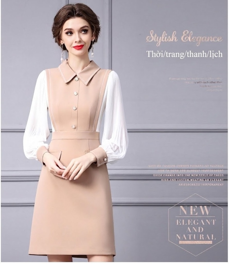 Váy liền thân Nữ Cổ Sơ Mi Tay Dài Phối Màu Thanh Lịch chi tiết 17