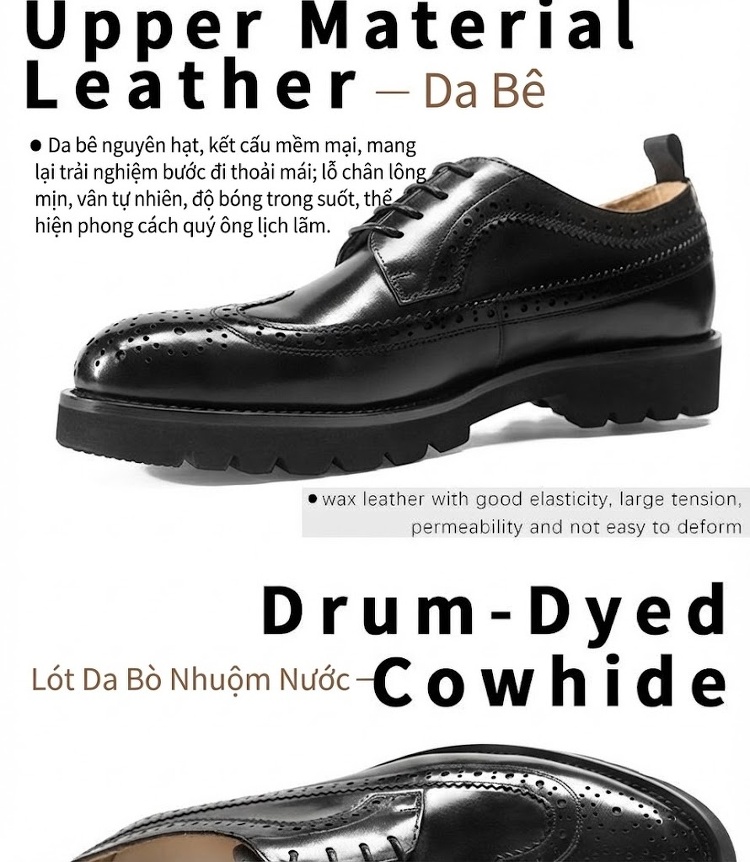 Giày Tây Buộc Dây Nam Da Bò Brogue Chiều Cao Đế Khoảng 3cm Màu Đen, Nâu chi tiết 4