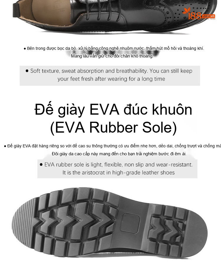 Giày Tây Buộc Dây Nam Da Bò Brogue Chiều Cao Đế Khoảng 3cm Màu Đen, Nâu chi tiết 5