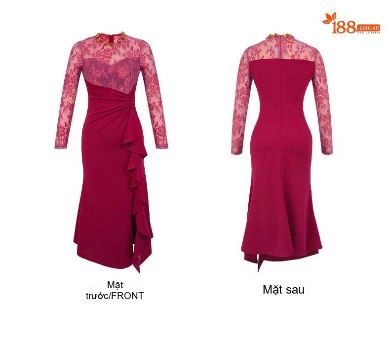 Váy Ôm Body Nữ Lệch Tà Xẻ Tà Thiết Kế Ren Cườm Sang Trọng Màu Đỏ Rượu Vang chi tiết 5