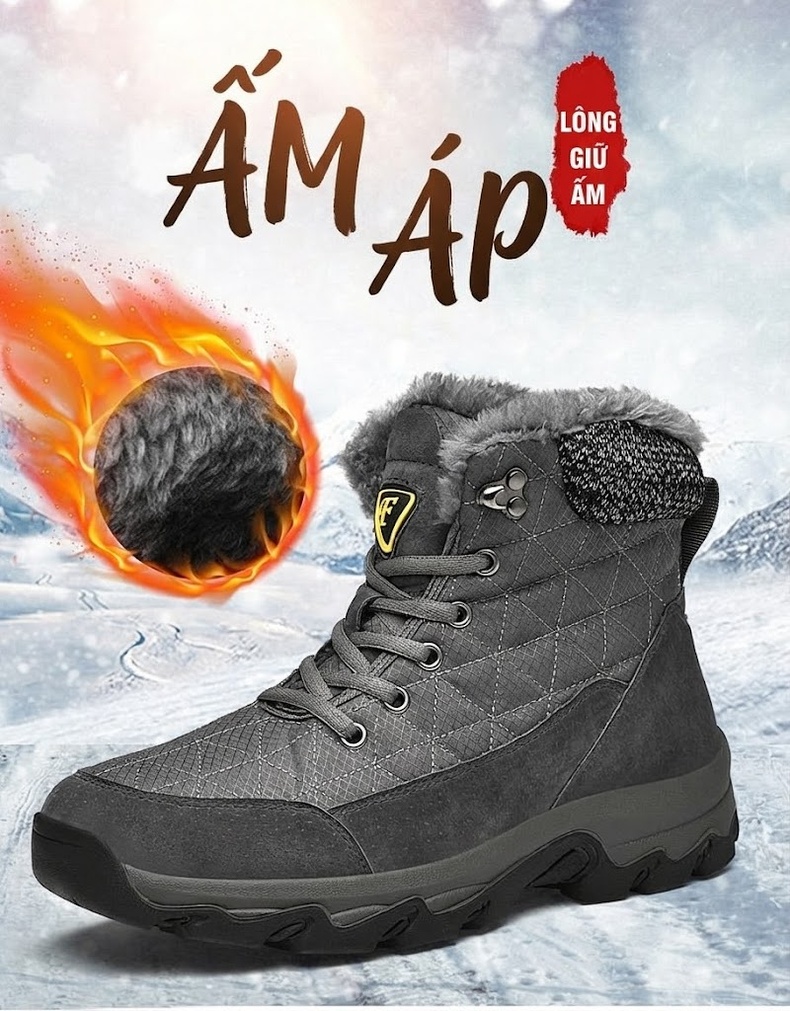Giày Boot Nam Cổ Cao Lót Lông Đi Tuyết Chống Trượt Chiều Cao Đế Khoảng 4cm Màu Đen, Xám chi tiết 1
