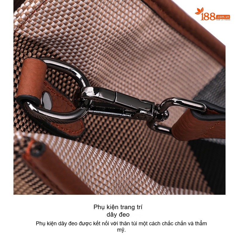 Túi Tote Nữ Vải Canvas Họa Tiết Kẻ Ô Cao Cấp Phối Da Màu Nâu chi tiết 17