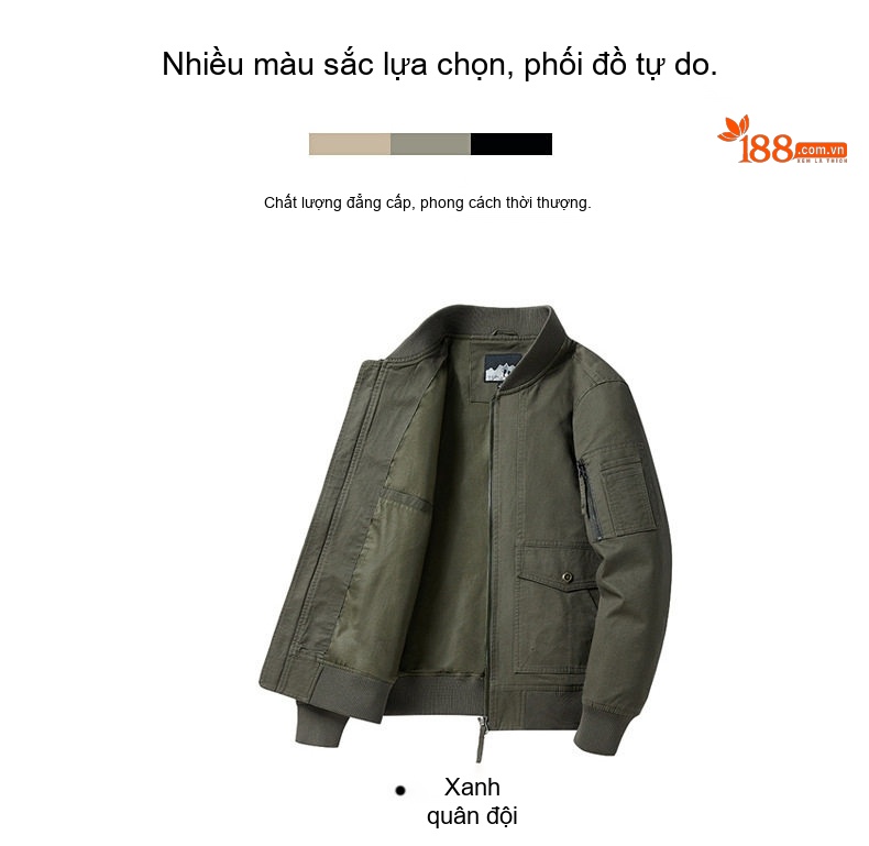 Áo Khoác Bomber Nam Cotton Dáng Rộng Phong Cách Bụi Bặm Màu Be, Xanh Navy, Nâu, Xanh Rêu... chi tiết 10