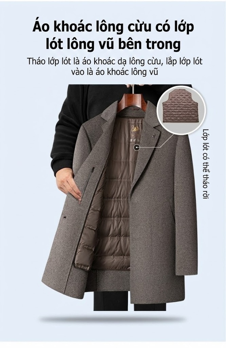 Áo Khoác Dạ Nam Dáng Dài Lót Lông Vũ Cổ chữ Vest Dày Dặn Màu Xám chi tiết 8
