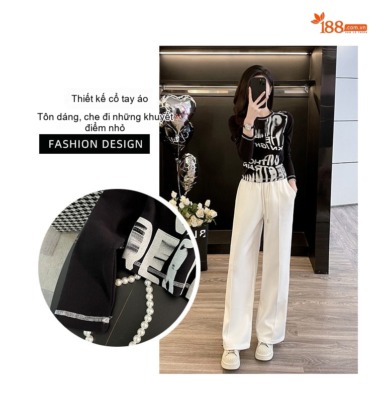 Set Bộ Nữ Áo Thun Tay Dài Quần Ống Rộng Cotton Phong Cách Casual Màu Đen, Trắng chi tiết 4