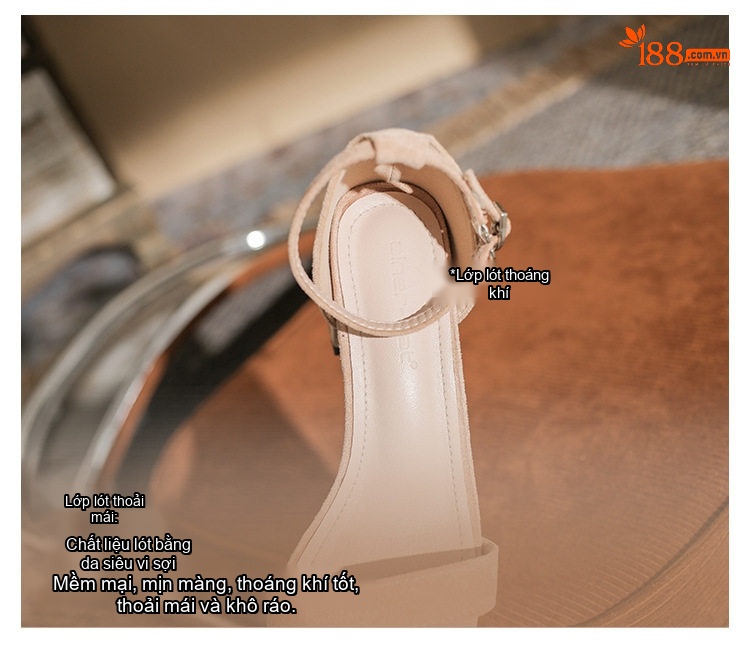 Giày Sandal Cao Gót Nữ Hở Ngón Quai Ngang Nỉ Gót Cao 7cm Màu Be, Đen chi tiết 9