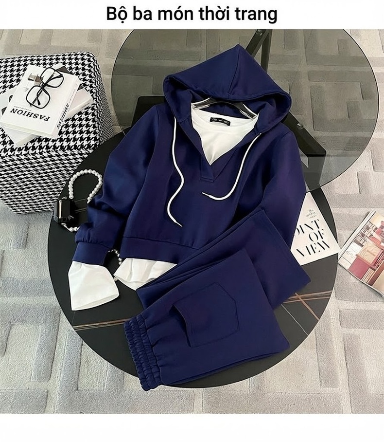 Set Bộ Nữ Áo Hoodie Tay Dài Cổ Chữ V Quần Ống Rộng Phong Cách Hàn Quốc Màu Đen, Xanh Navy chi tiết 2