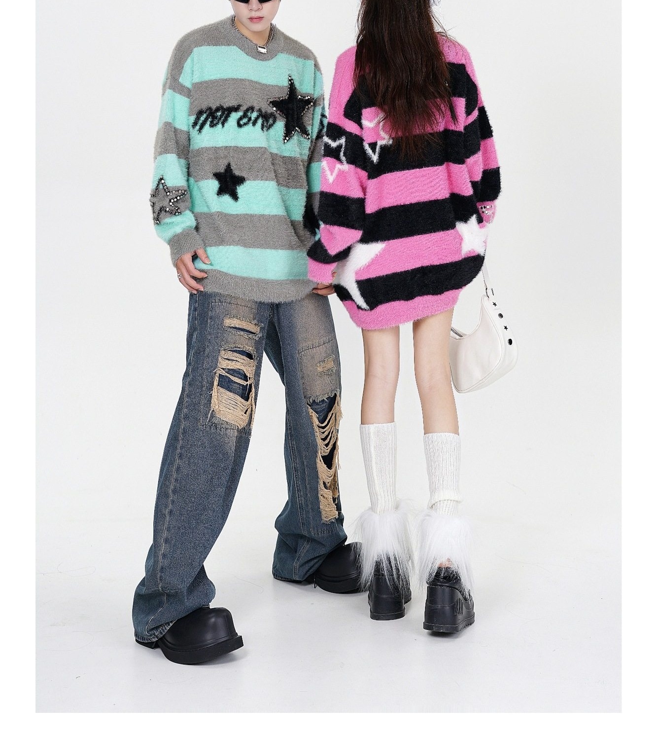 Áo Sweater Dệt Kim Sọc Ngang Đính Đá Hình Ngôi Sao Phong Cách Mỹ Màu Hồng, Đen, Xám, Xanh... chi tiết 11