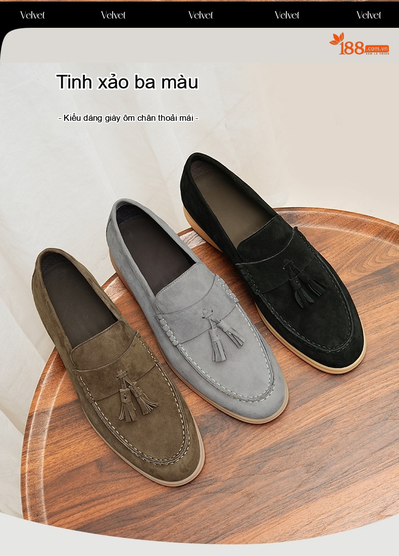 Giày Lười Nam Da Lộn Da Bò Chiều Cao Đế Khoảng 3cm Màu Đen, Xám, Nâu chi tiết 20