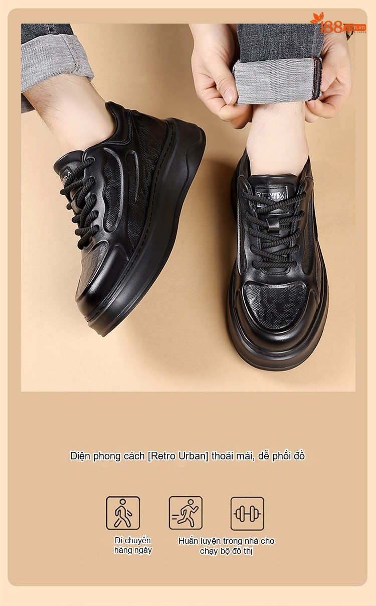 Giày Sneaker Nam Da Bò Mềm Mại Chiều Cao Đế Khoảng 4cm Màu Đen chi tiết 2