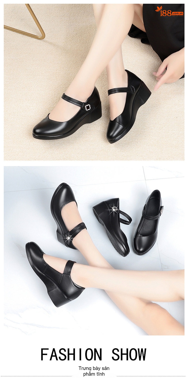 Giày Búp Bê Nữ Da Thật Đế Xuồng Chiều Cao Đế Khoảng 4cm Quai Dán Màu Đen chi tiết 6