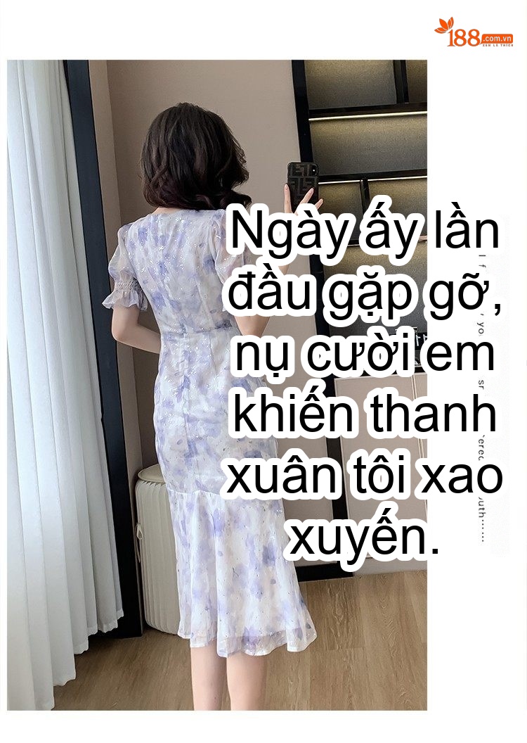 Váy Xòe Nữ Voan Hoa Nhí Tay Ngắn Cổ chữ V Chân Váy Bèo Nhún Eo Thun Dáng Ngắn Màu Trắng Xanh chi tiết 18