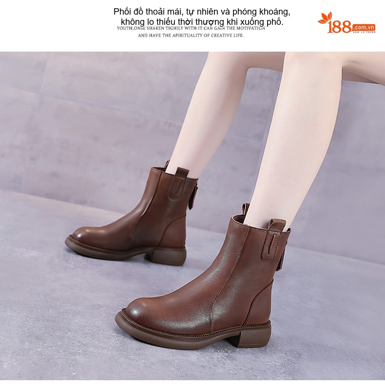 Boot Chelsea Nữ Da Bò Chiều Cao Đế Khoảng 3cm Màu Đen, Nâu chi tiết 15
