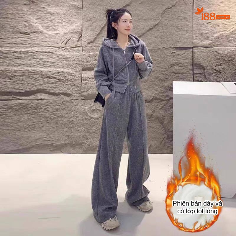 Bộ quần áo nữ thu đông dáng rộng áo hoodie có mũ dệt kim phong cách thể thao