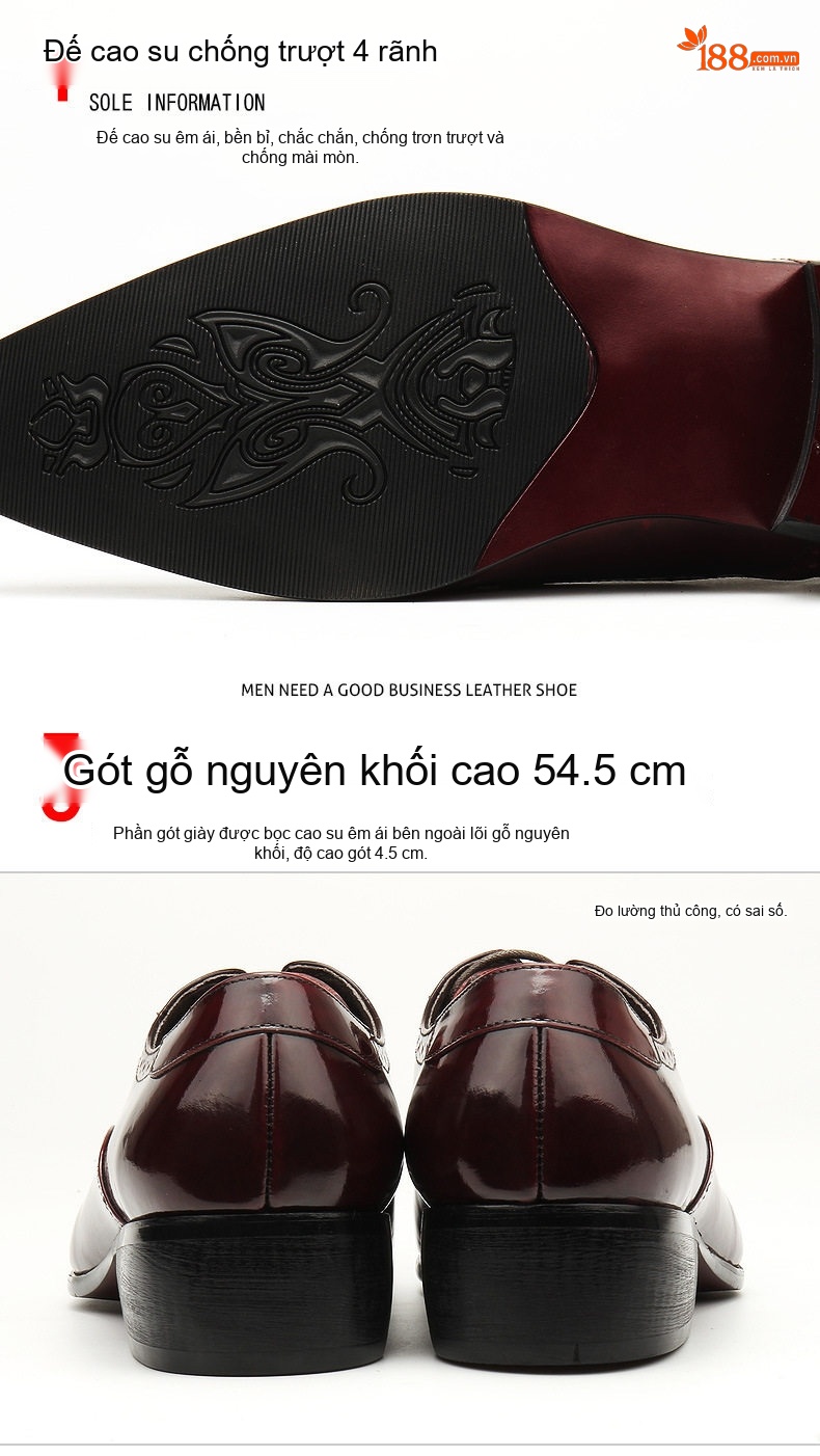Giày Tây Buộc Dây Nam Da Bóng Chiều Cao Đế Khoảng 3cm Màu Đen, Đỏ Rượu Vang chi tiết 5