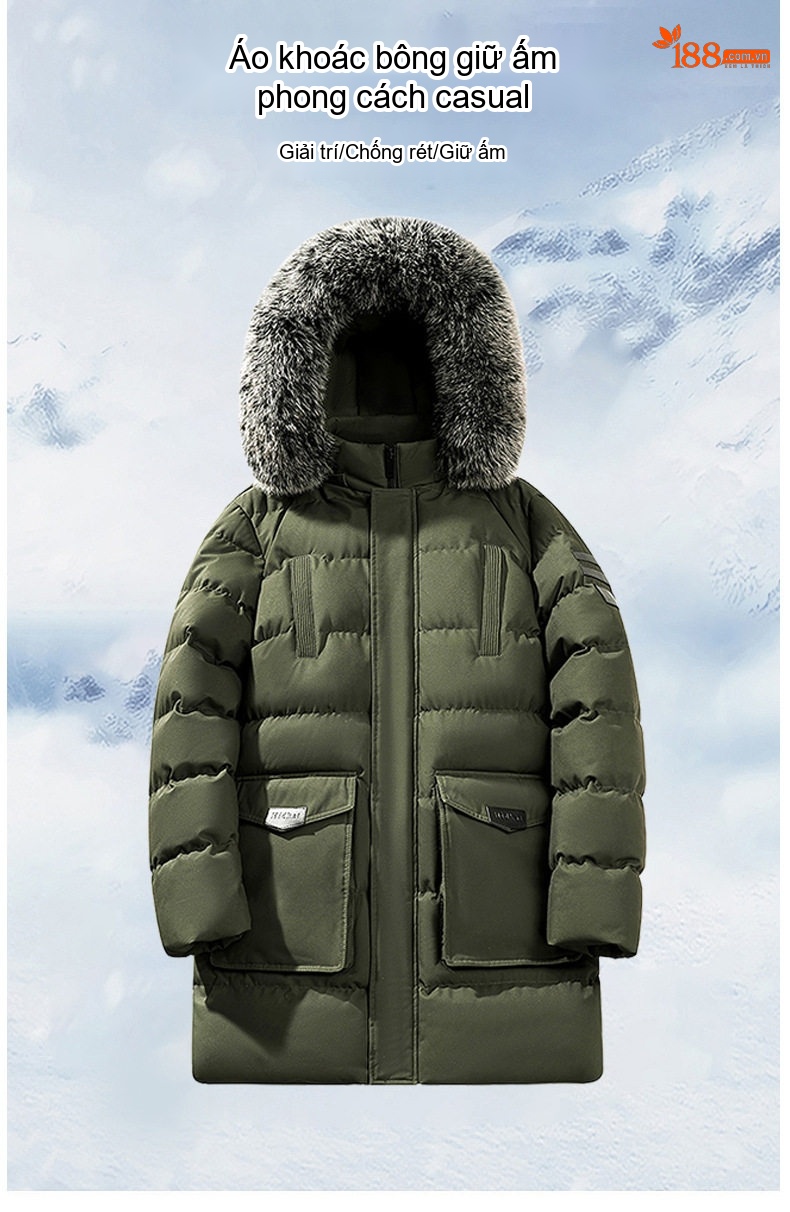 Áo Khoác Phao Nam Dáng Dài Có Mũ Lông Dày Cotton Giữ Ấm Màu Đen, Xanh Rêu, Xanh Navy chi tiết 1
