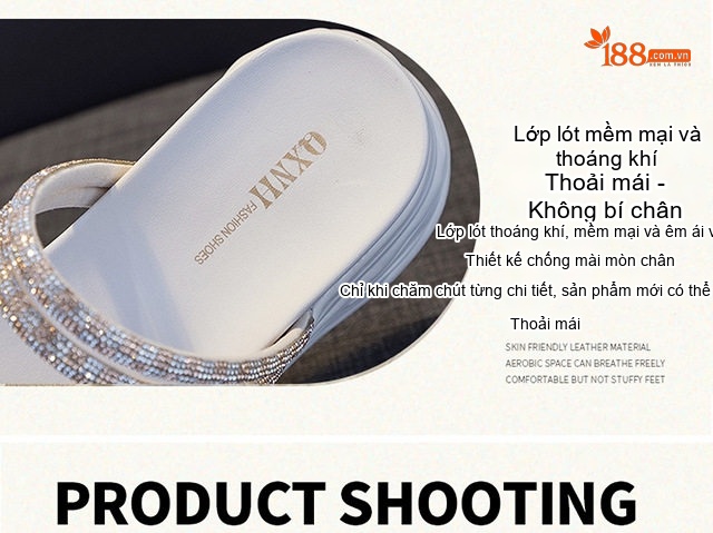 Dép Lê Nữ Quai Kẹp Đế Xuồng Dày Chiều Cao Đế Khoảng 5cm Đính Đá Màu Đen, Trắng, Kem chi tiết 30