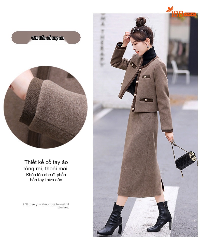 Set Áo Khoác Lửng Chân Váy Tiểu Thư Lót Lông Vũ Trắng Phong Cách Thanh Lịch Màu Nâu, Xám chi tiết 6
