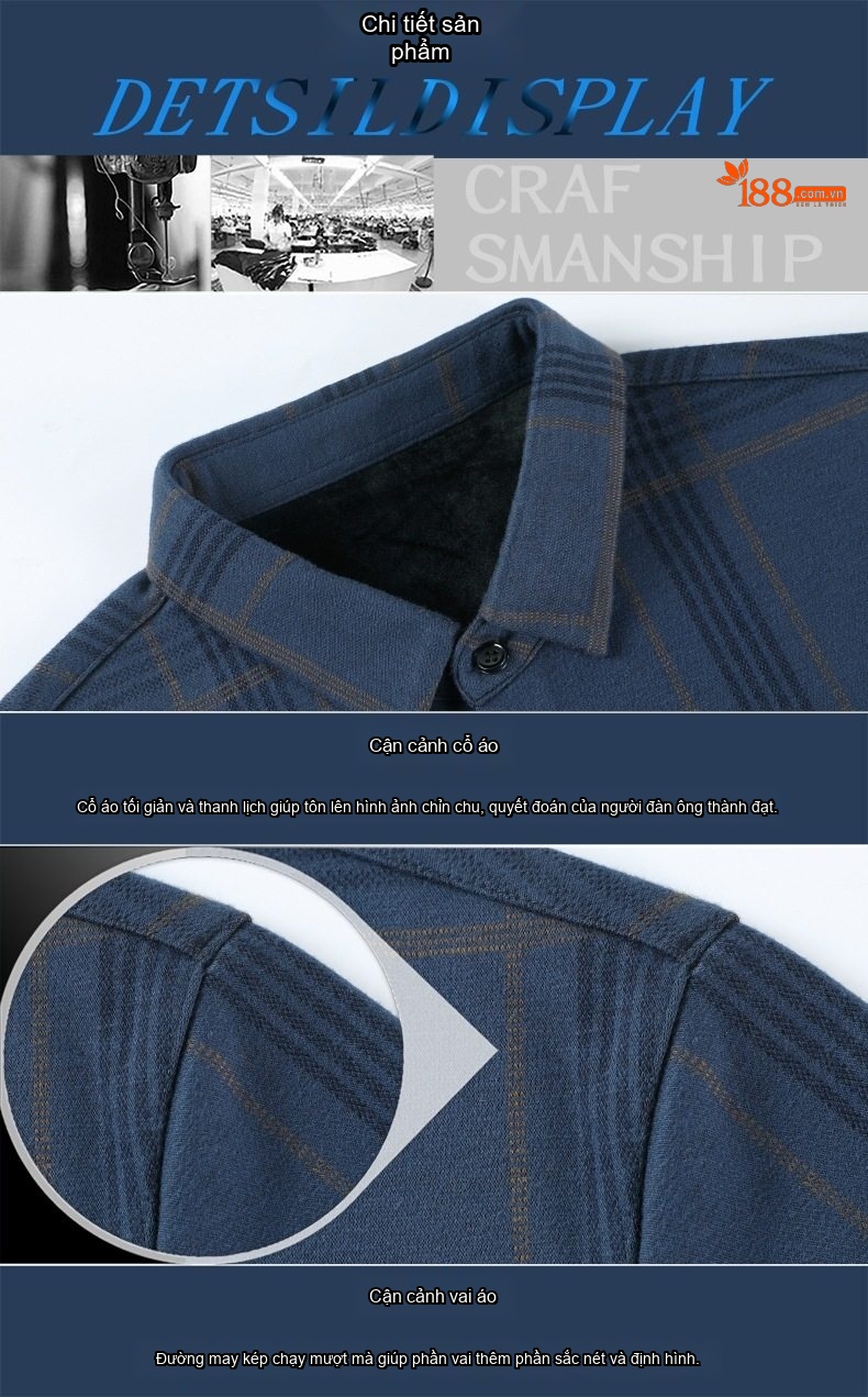 Áo Sơ Mi Nam Lông Cừu Dệt Kim Lót Lông Thú Dày Dặn Kẻ Caro Màu Xanh Navy, Đỏ chi tiết 13