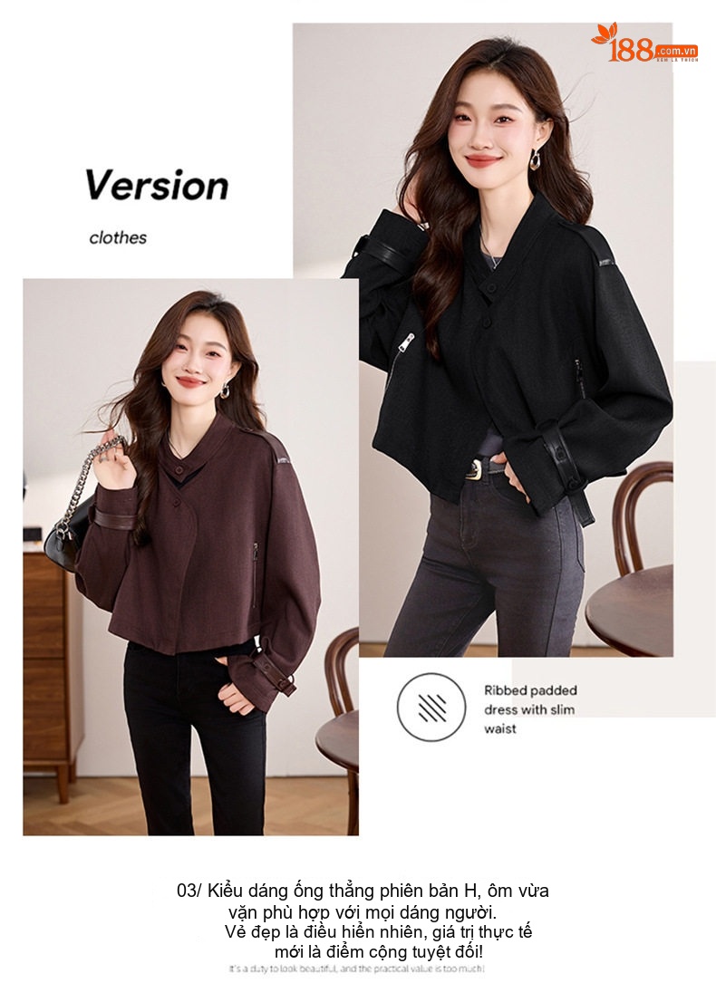 Áo Khoác Lửng Nữ Tay Dài Kiểu Croptop Vải Dệt Phong Cách Thời Trang Màu Đỏ, Đen chi tiết 6