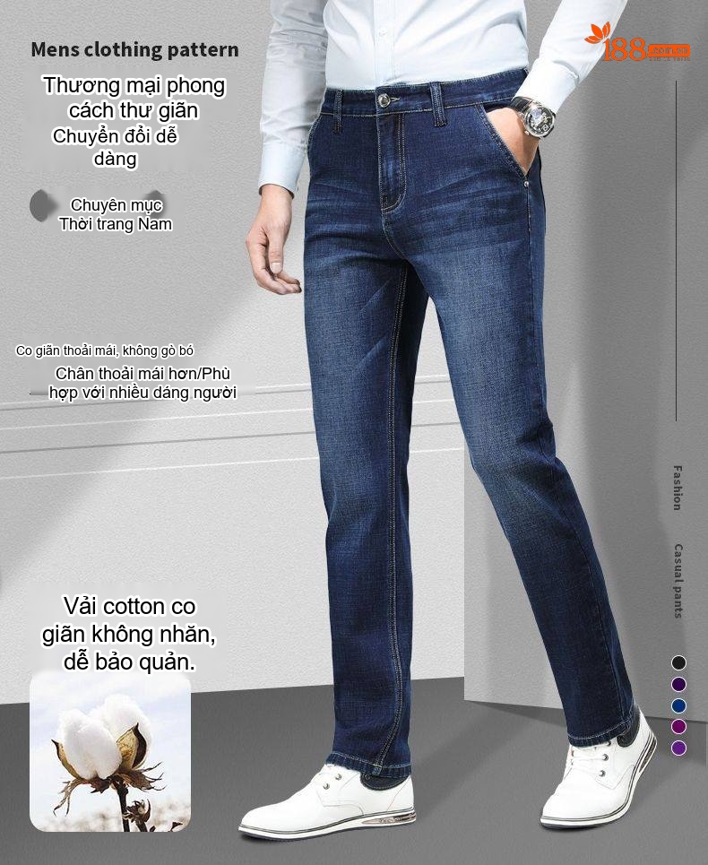 Quần Jeans Dài Nam Ống Đứng Co Giãn Thoải Mái Màu Xanh Dương Đậm chi tiết 2