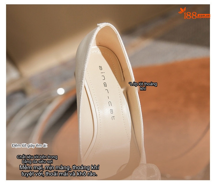 Giày Cao Gót Nữ Mũi Nhọn Đế Vuông Chiều Cao Đế Khoảng 5cm Màu Trắng Kem chi tiết 8