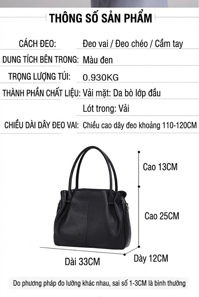 Túi Xách Tay Nữ Da Mềm Nhiều Ngăn Đeo Vai Đeo Chéo Thời Trang Màu Đen chi tiết 3