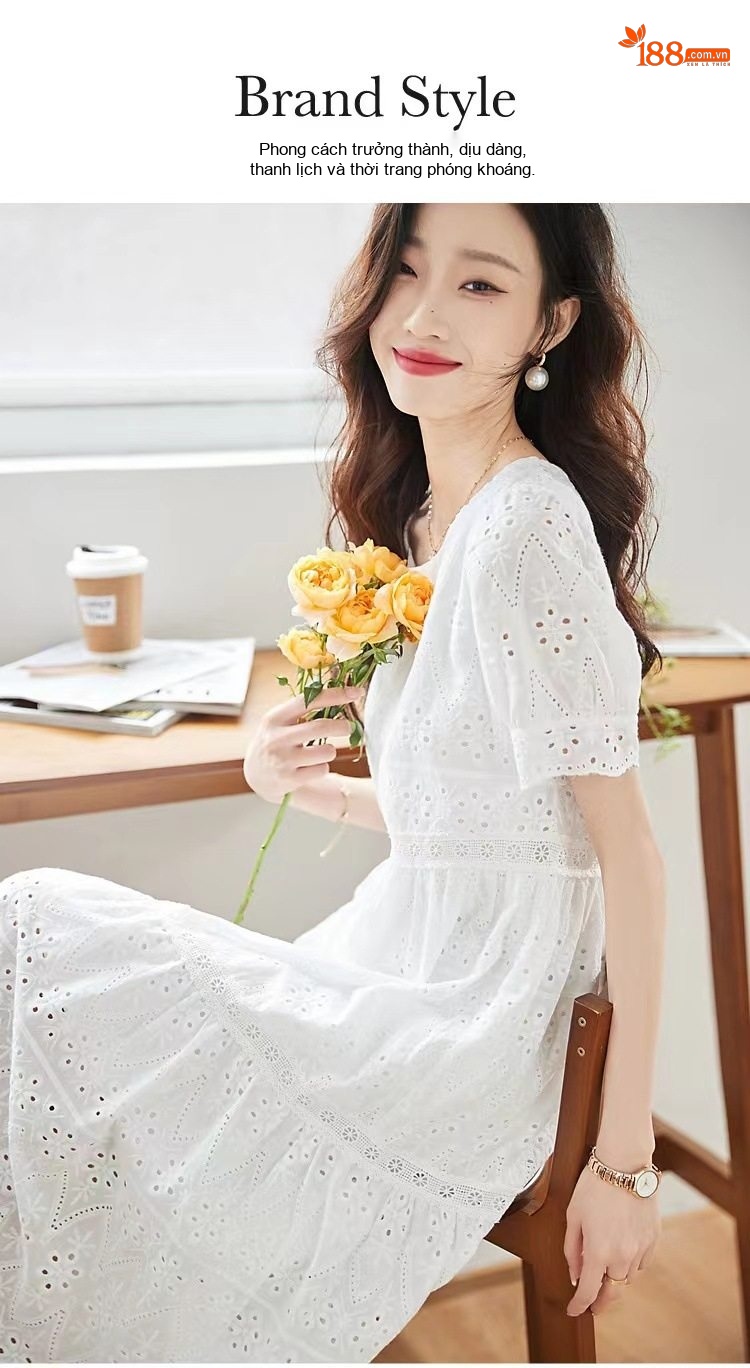 Váy Trắng Nữ Tay Bồng Thiết Kế Pháp Eo Thun Dáng Xòe chi tiết 2