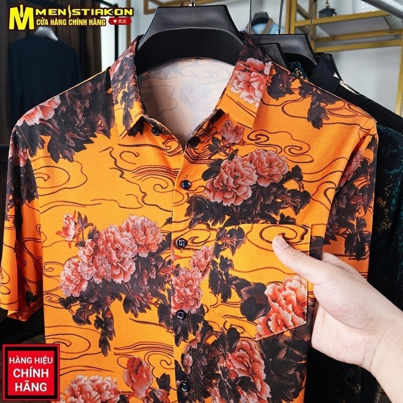 Áo Sơ Mi Nam Ngắn Tay Họa Tiết Hoa Mỏng Mát Màu Cam