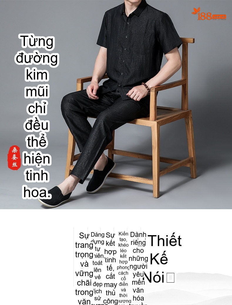 Áo Sơ Mi Tay Ngắn Nam Hương Vân Sa Tơ Tằm Đường Vân Trung Hoa Màu Đen chi tiết 1
