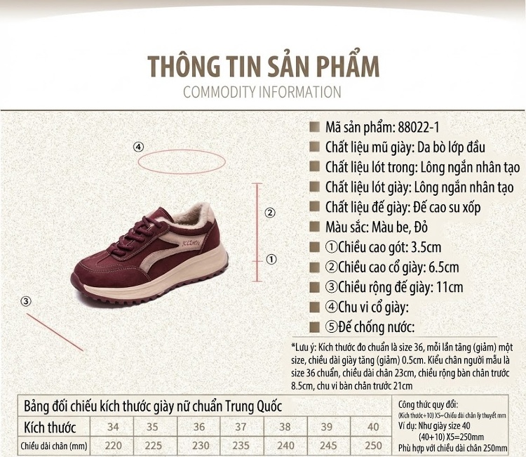 Giày Thể Thao Nữ Lót Lông Đi Mùa Đông Chiều Cao Đế Khoảng 4cm Màu Nâu, Kem chi tiết 2
