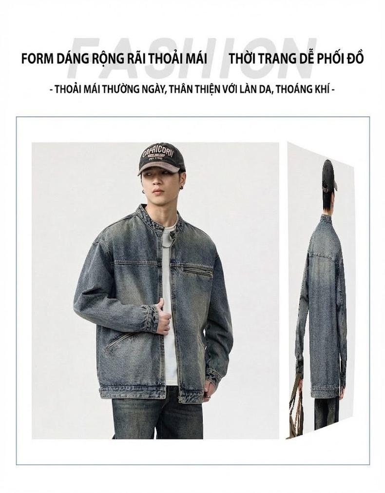 Áo Khoác Jean Nam Cổ Trụ Dáng Suông Rộng Phong Cách Mỹ Retro Màu Xanh Denim chi tiết 3