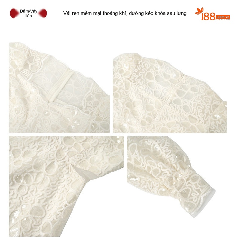 Váy Lưới Nữ Cổ chữ Vuông Tay Dài Thu Đông Chiết Eo Đính Lấp Lánh Phong Cách Tiểu Thư Màu Trắng Kem chi tiết 5