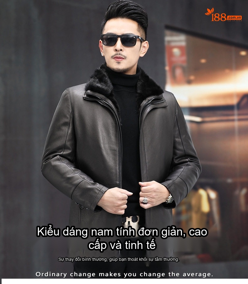 Áo Khoác Da Dê Nam Da Thật Lót Lông Chồn Có Thể Tháo Rời Màu Xám Đen chi tiết 1