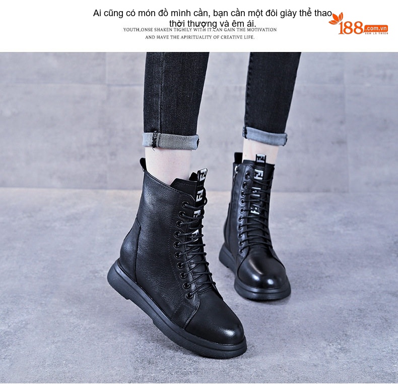 Giày Boot Martin Nữ Da Bò Lót Lông Chiều Cao Đế Khoảng 4cm Phong Cách Anh Quốc Màu Đen chi tiết 13