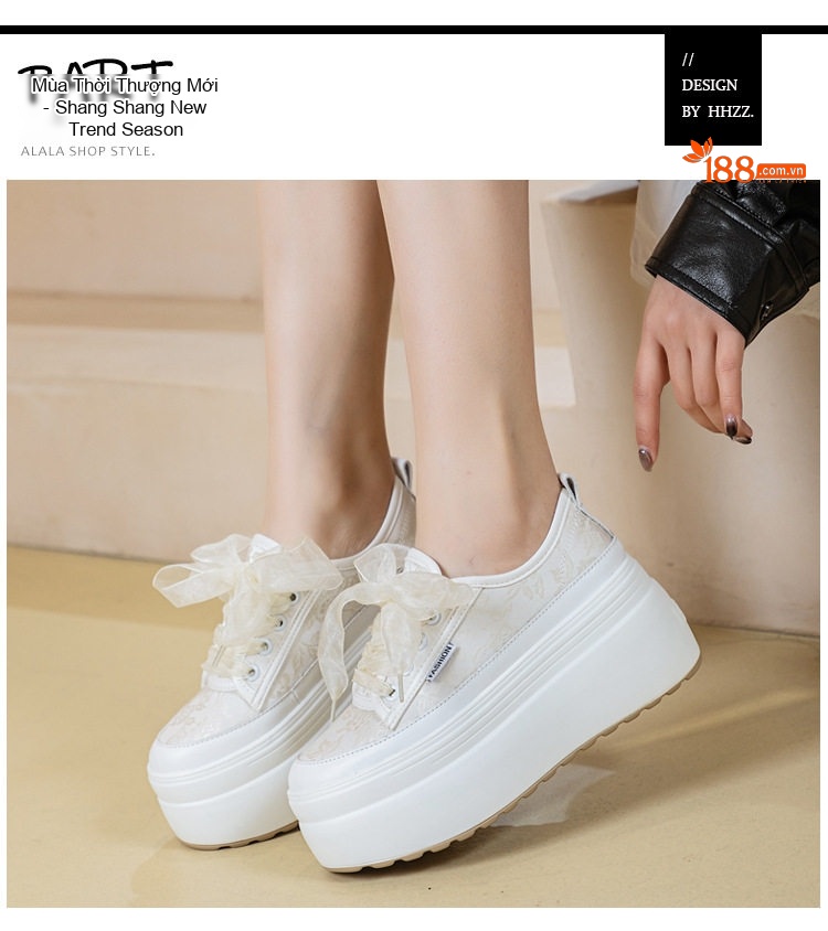 Giày Sneaker Nữ Đế Bánh Mì Chiều Cao Đế Khoảng 5cm Dây Ruy Băng Phong Cách Trung Hoa Màu Trắng, Hồng chi tiết 21