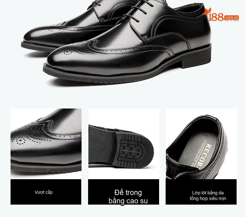 Giày Tây Buộc Dây Nam Da Bóng Brogue Chiều Cao Đế Khoảng 3cm Màu Đen, Nâu chi tiết 4