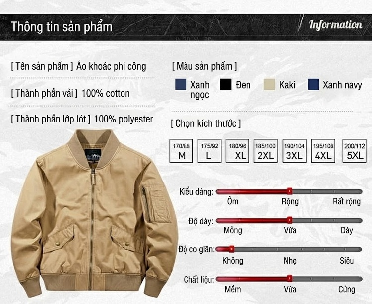 Áo Khoác Bomber Nam Vải Cotton Giặt Nước Cổ Bóng Chày Màu Xanh Olive, Đen, Xanh Navy, Be chi tiết 16