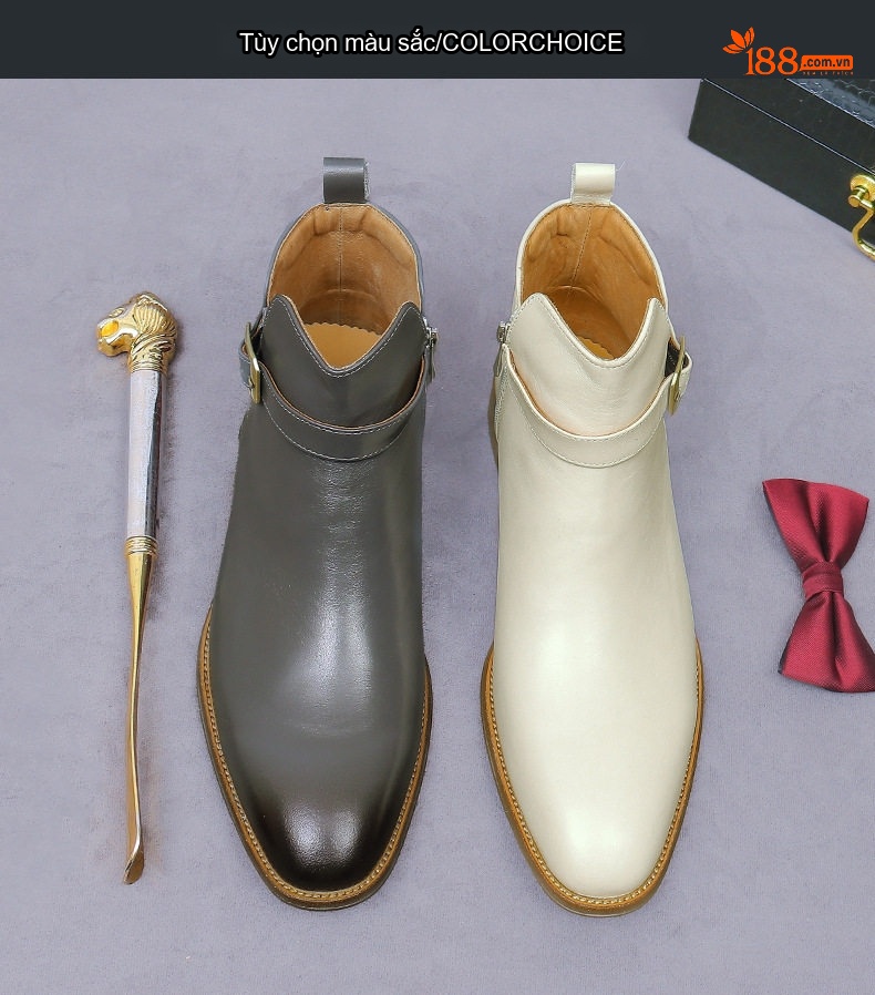 Boot Nam Da Bò Khóa Cài Chiều Cao Đế Khoảng 3cm Màu Kem, Xám chi tiết 2