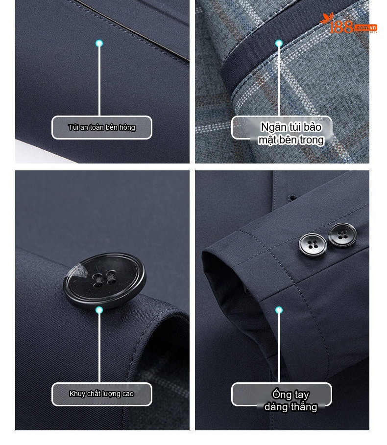 Áo Khoác Nam Cổ Bẻ Nút Bấm Phong Cách Công Sở Màu Xanh Navy, Kem chi tiết 12