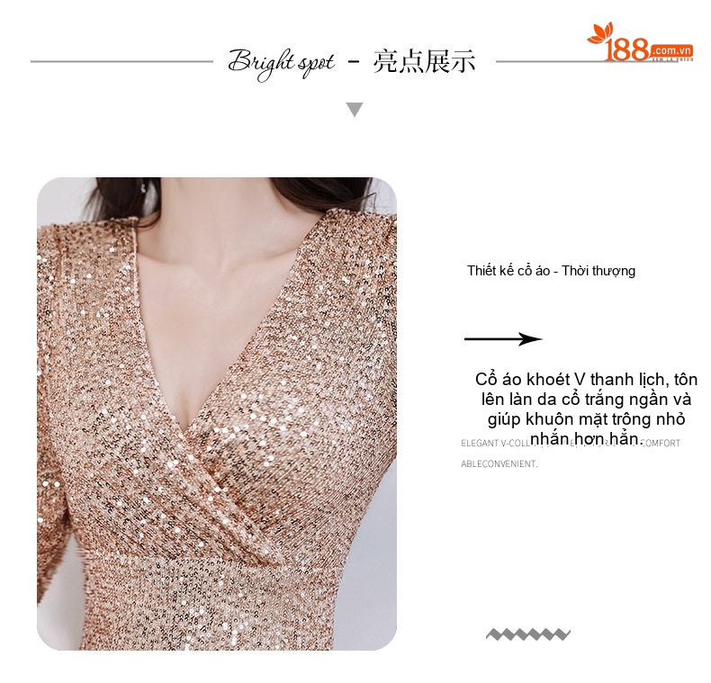 Váy Dạ Hội Nữ Đuôi Cá Tay Lỡ Đính Kim Sa Lấp Lánh Phong Cách Sang Trọng Màu Vàng Đồng, Bạc, Đỏ chi tiết 4